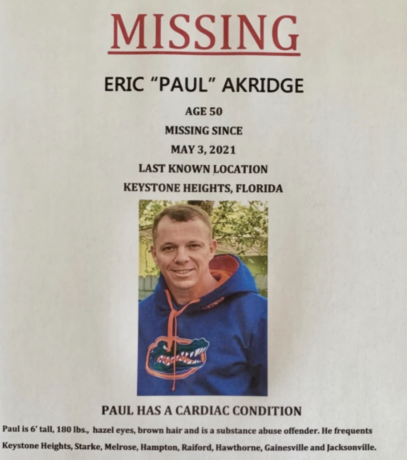 Missing Eric “Paul” Akridge